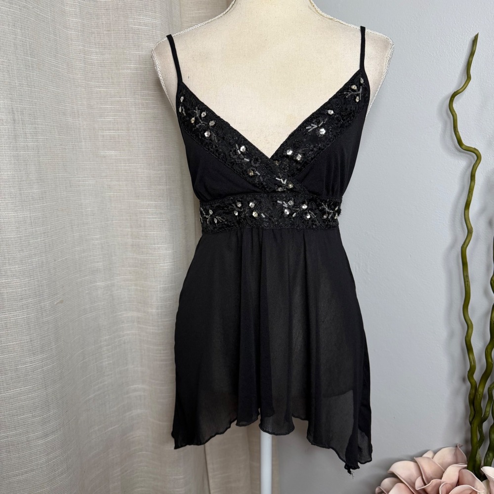Y2K Vintage FANG Babydoll Cami Tank Sheer Mesh Sequin Beaded Women's Large Black